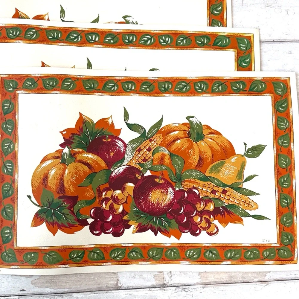 Set of 4 Thanksgiving Fall Themed Placemats Dining Table Decor Wipeable Vinyl